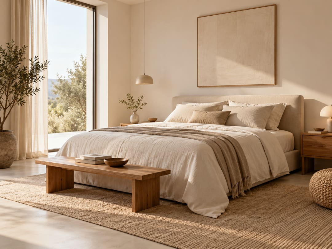 Chambre lumineuse d'un appartement neuf : lit capitonné crème, linge blanc, banc en bois clair et grande baie vitrée