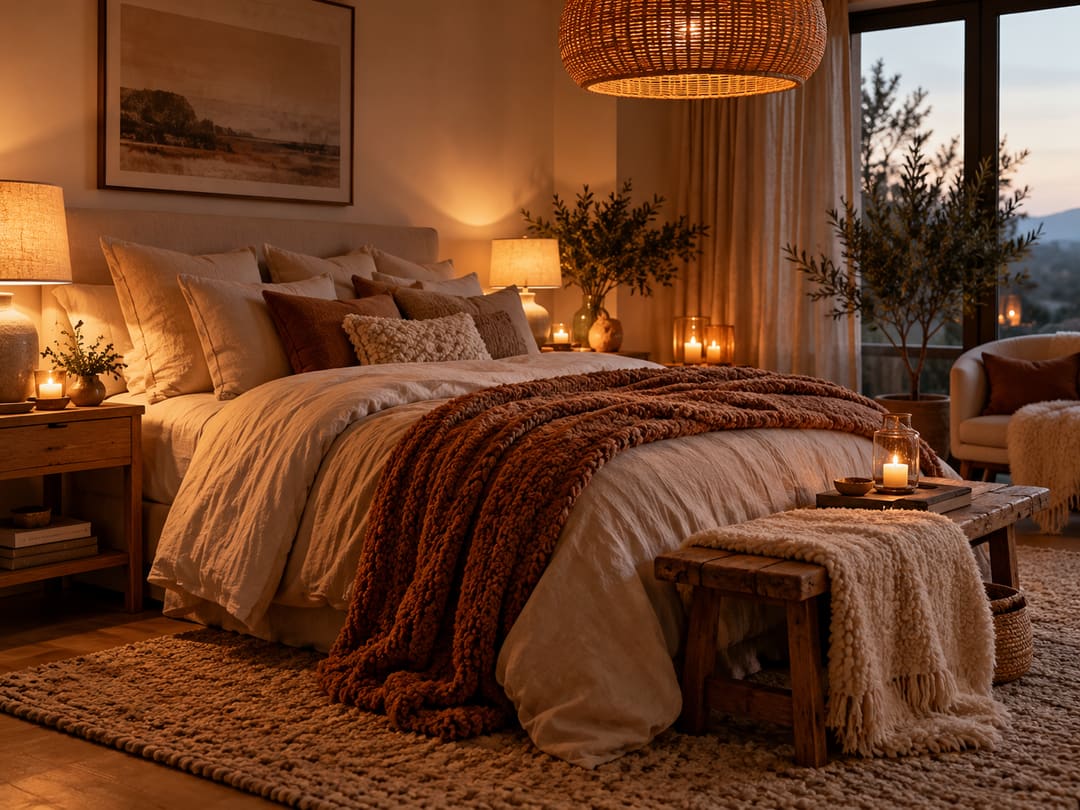 Chambre cocooning à la lumière chaude : plaid en maille, coussins superposés, lampes de chevet et bougies