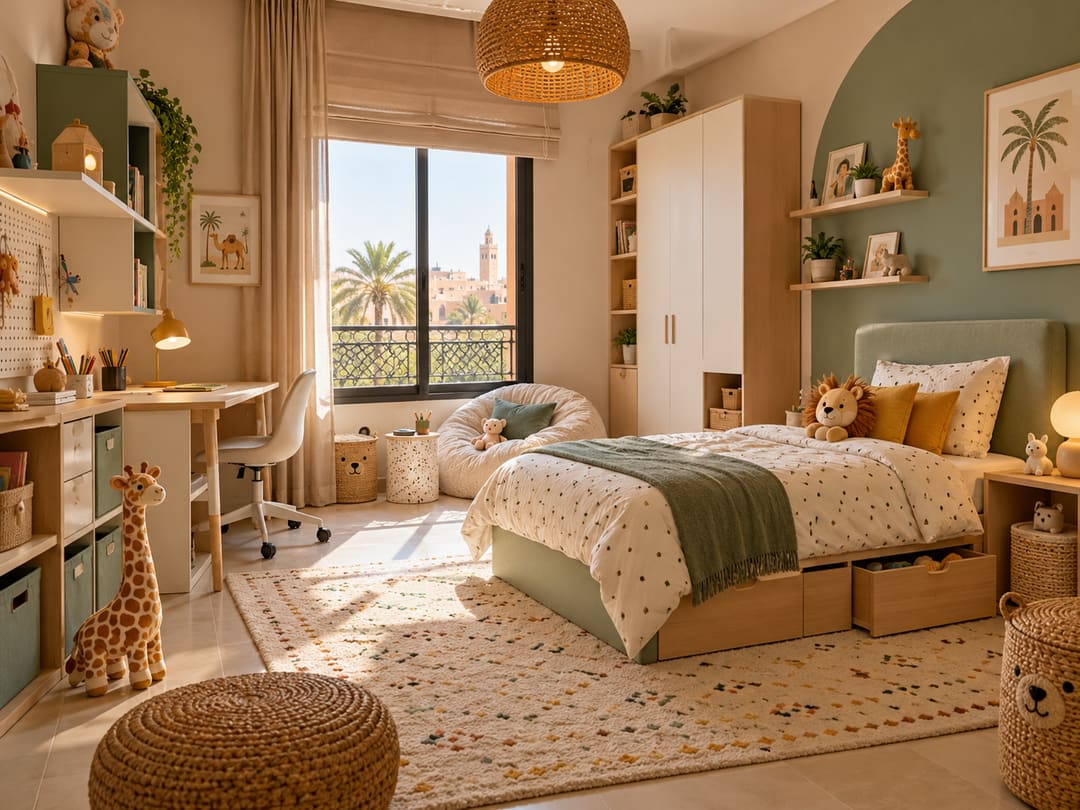 Chambre d'enfant ordonnée : lit à tiroirs de rangement, bureau, étagères murales et tapis doux