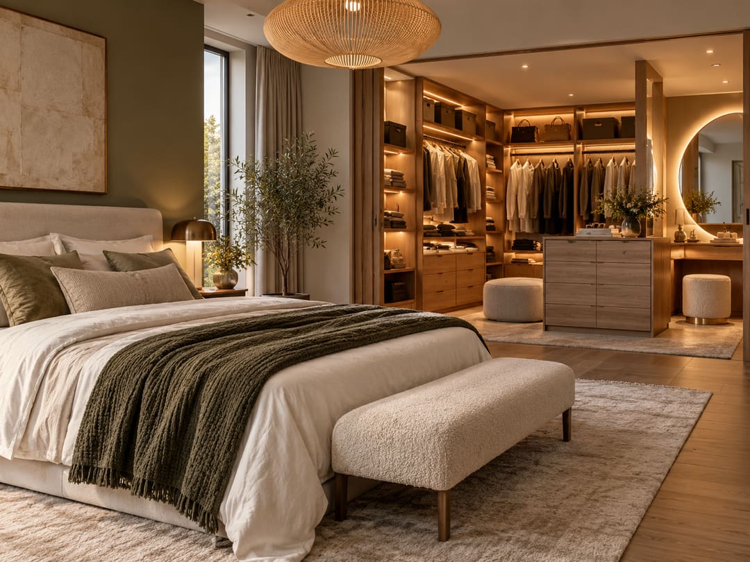 Chambre aux couleurs neutres décorée d'éléments amovibles : linge vert sauge, banquette, tapis et dressing ouvert