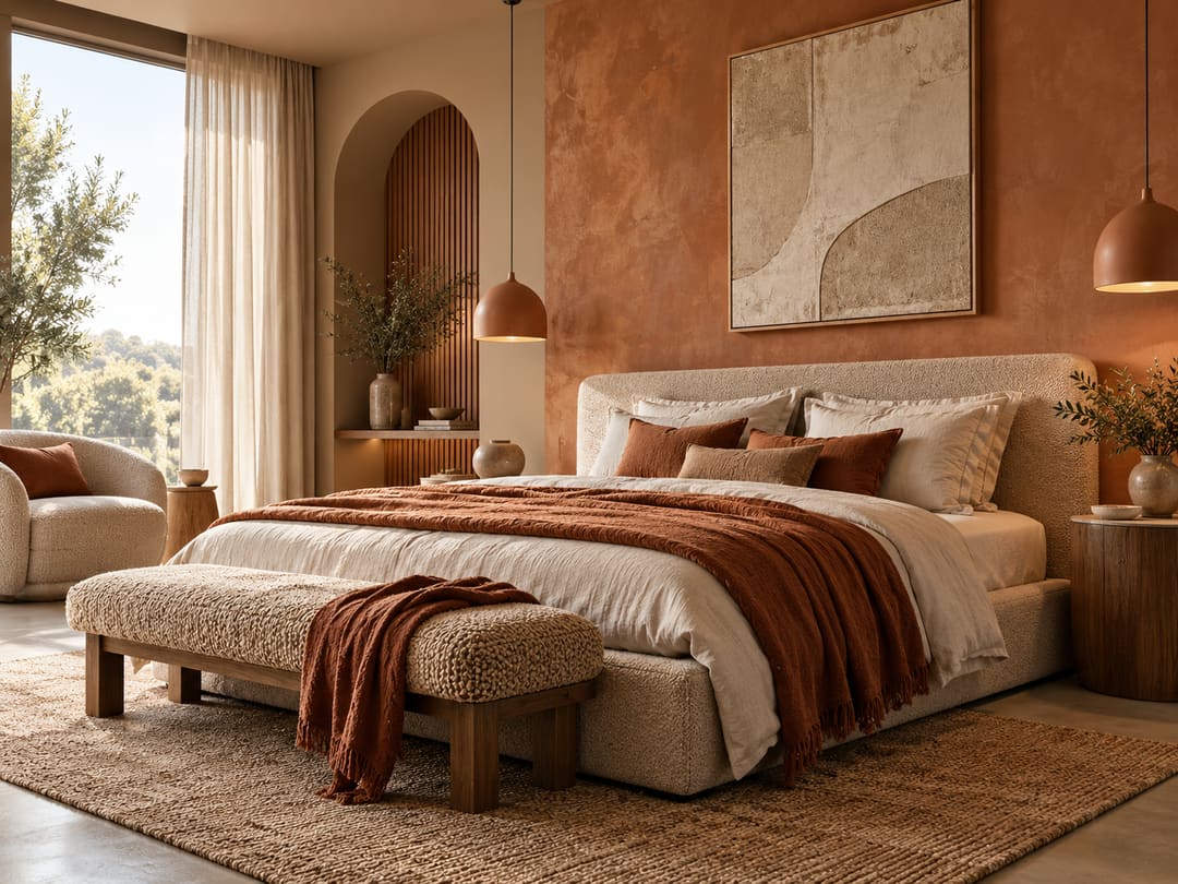 Chambre où un mur terracotta dialogue avec un linge rouille, des tons sable et des bois naturels