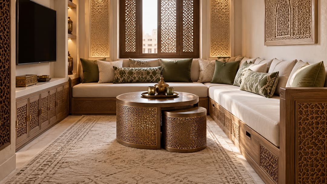 Petit salon marocain optimisé : banquettes en L avec rangements, tables gigognes ajourées et meuble TV intégré