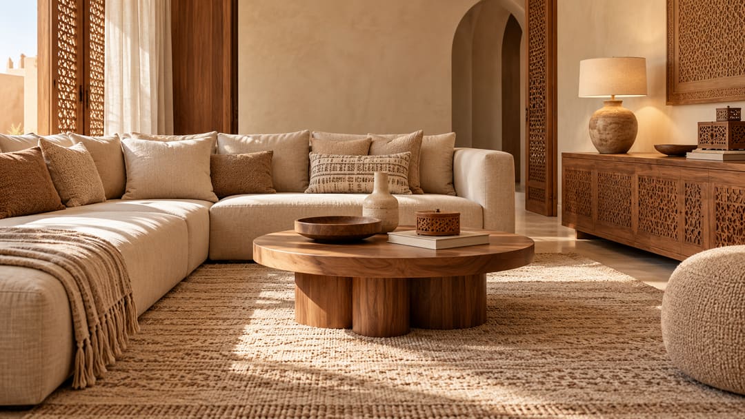 Salon en camaïeu de beige avec canapé en lin, table basse ronde en bois clair, buffet sculpté et tapis en jute