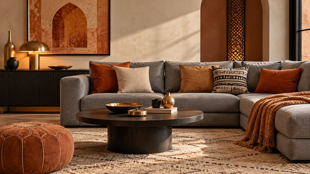 Canapé d'angle gris associé à des coussins rouille et beige, un plaid orangé et un pouf en cuir cognac