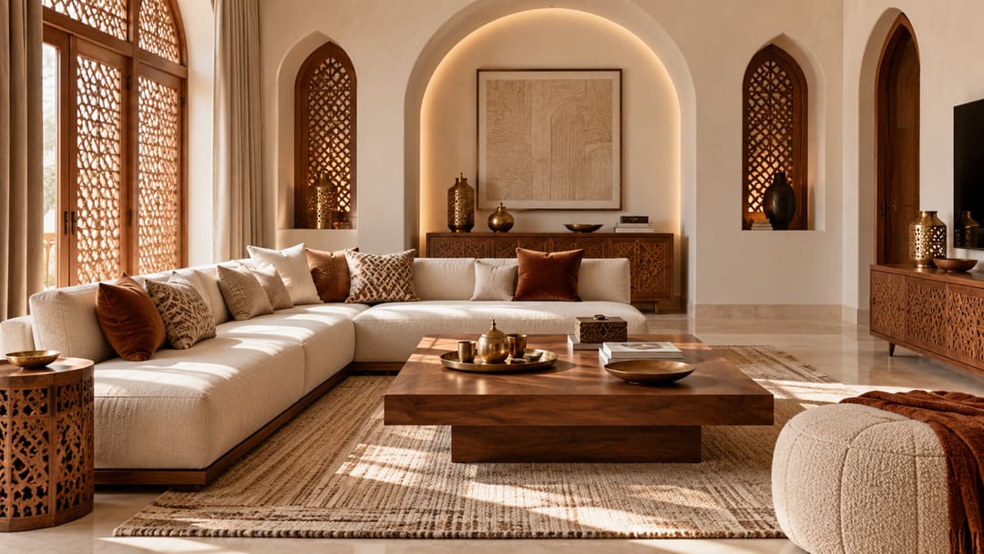 Salon moderne marocain lumineux : grand canapé d'angle blanc, table basse en noyer, tapis tissé et fenêtres en moucharabieh