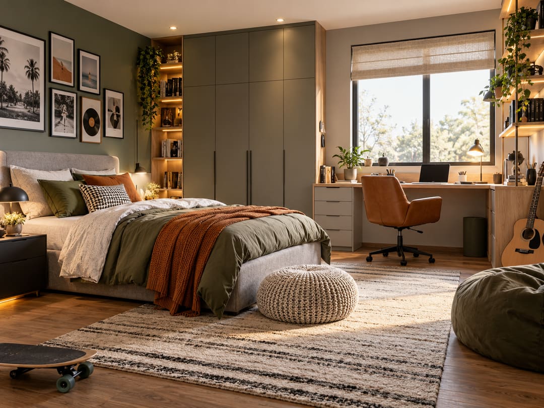 Pièce de vie de studio combinant lit, bureau intégré, rangements muraux et coin détente près de la fenêtre