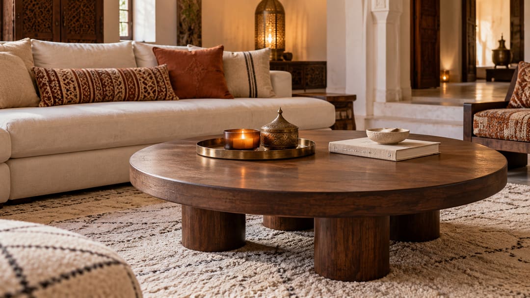 Table basse ronde en bois foncé décorée simplement d'un plateau doré, d'une bougie, d'un livre et d'une coupelle